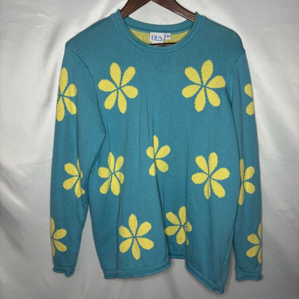 BFA Classics Vintage Teal and Yellow Flower 100% Cotton Womens Sweater Sz L